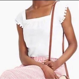 J. Crew White Square Neck Pompom Top